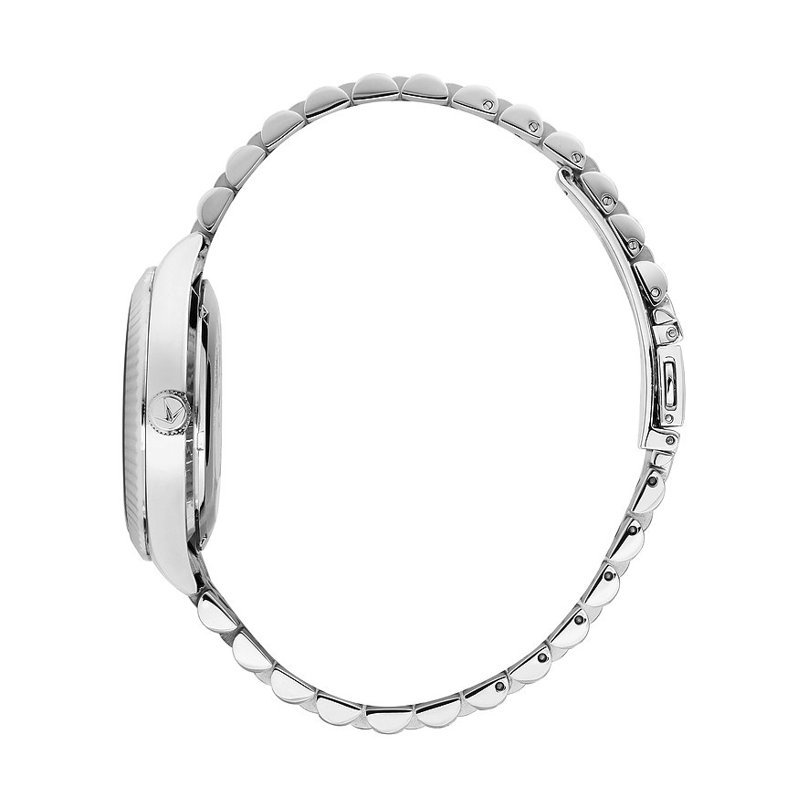 Seitenansicht einer Lucien Rochat Herrenuhr aus Edelstahl mit geschwungenem Armband und einem Markenlogo auf der Krone.