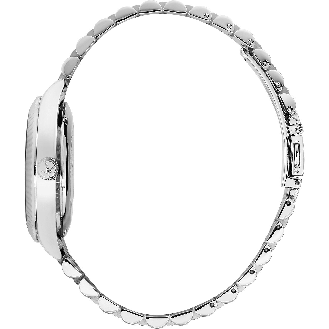 Seitenansicht einer Lucien Rochat Herrenuhr aus Edelstahl mit geschwungenem Armband und einem Markenlogo auf der Krone.