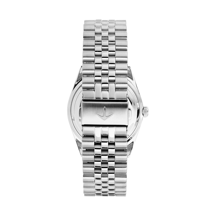 Rückansicht der Lucien Rochat Herrenuhr aus glänzendem Edelstahl mit detailliertem Armband.