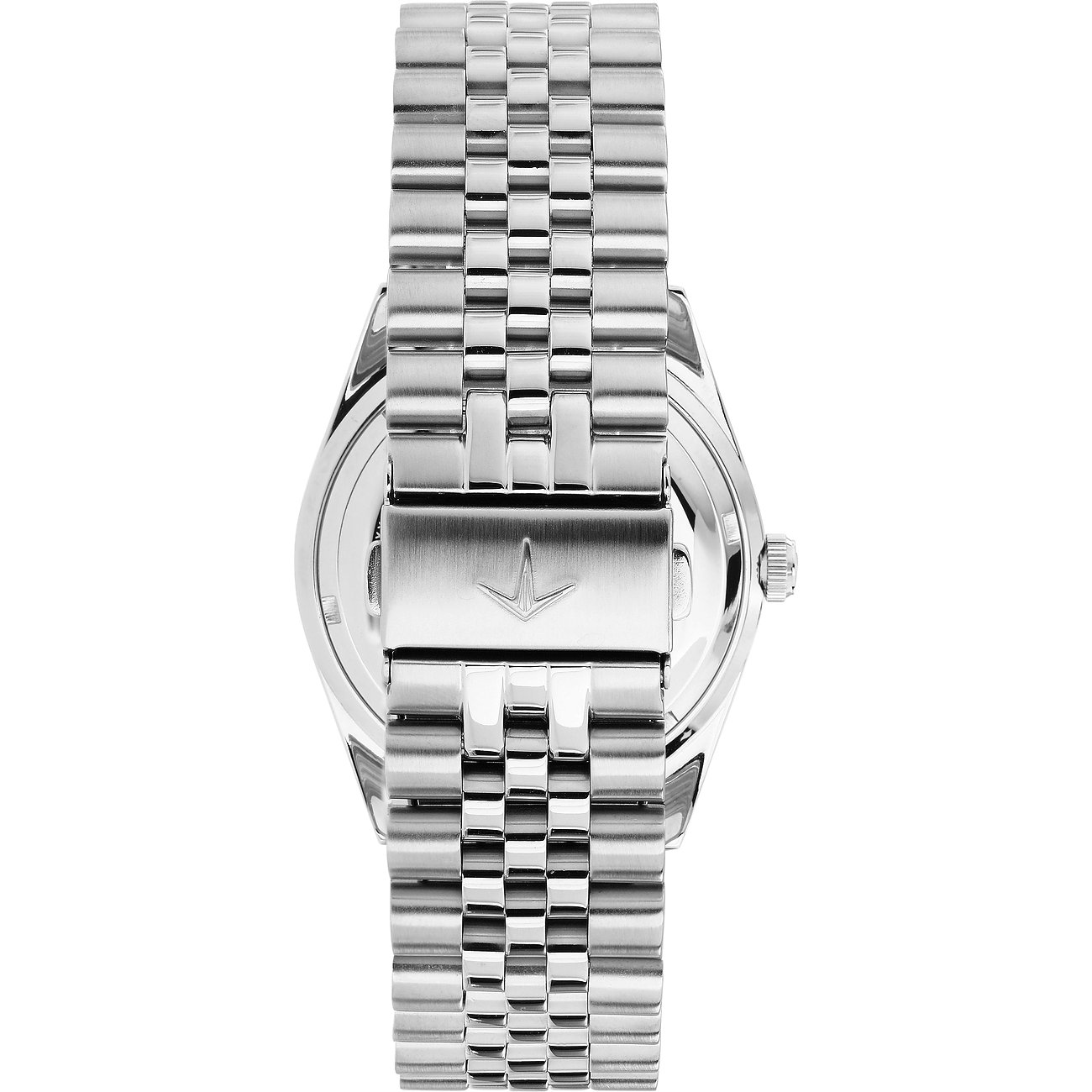 Rückansicht der Lucien Rochat Herrenuhr aus glänzendem Edelstahl mit detailliertem Armband.