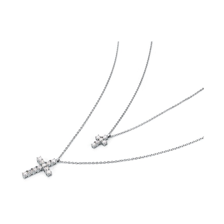 Zwei Morellato Halsketten aus recyceltem Silber mit kreuzförmigem Anhänger, der mit Zirkonia verziert ist.