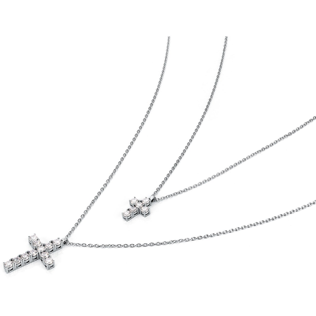 Zwei Morellato Halsketten aus recyceltem Silber mit kreuzförmigem Anhänger, der mit Zirkonia verziert ist.