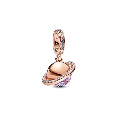 Pandora Anhänger aus rosévergoldetem Metall mit Kristallen und farbigen Steinen.
