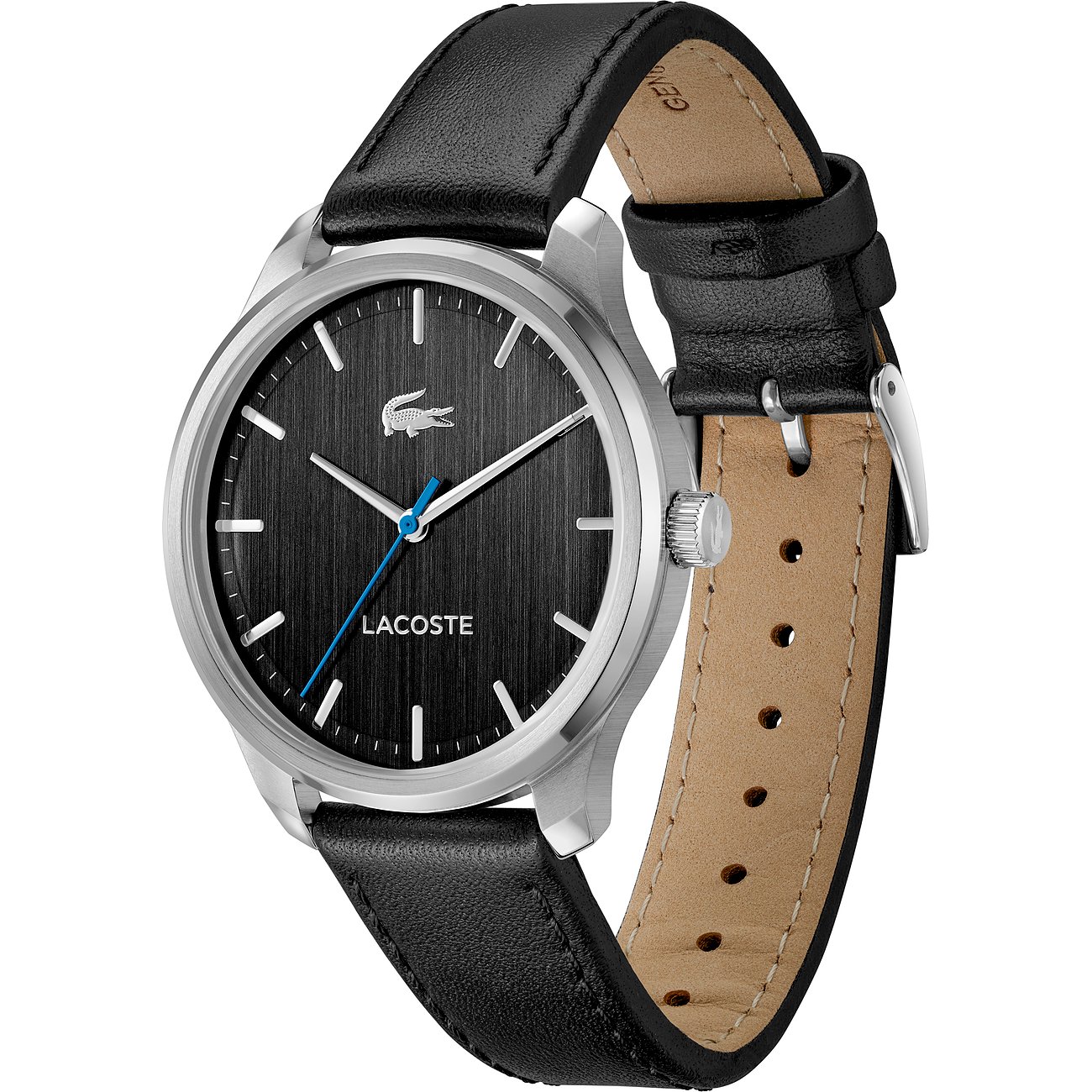 Lacoste Herrenuhr mit Edelstahlgehäuse und schwarzem Zifferblatt.