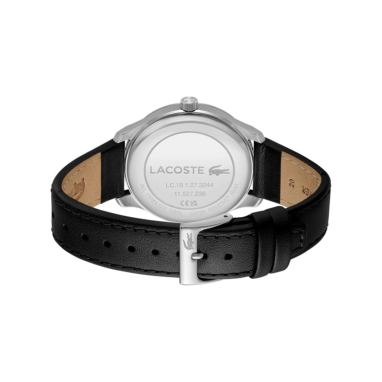 Lacoste Herrenuhr mit Edelstahlgehäuse und schwarzem Lederarmband.