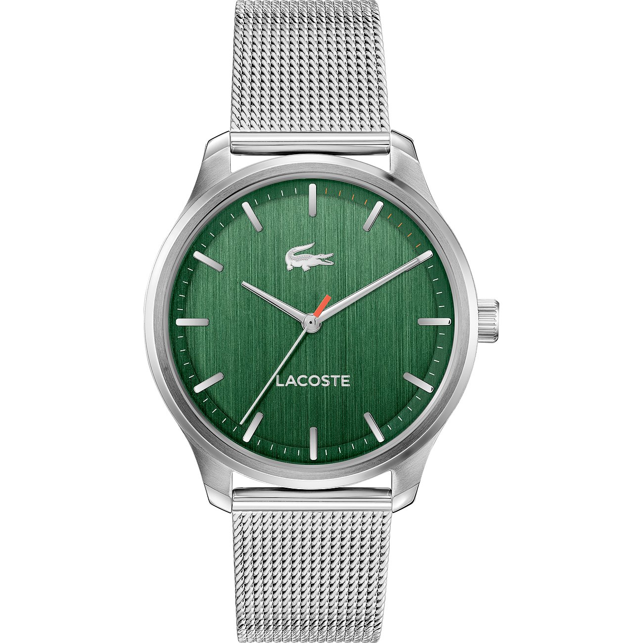 Lacoste herenhorloge met roestvrijstalen kast, groene wijzerplaat en mesh band.