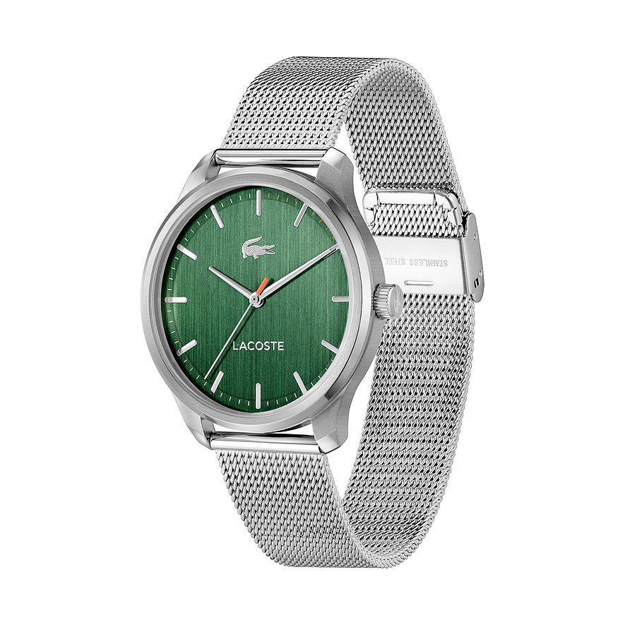 Lacoste Herenhorloge met roestvrijstalen kast en mesh band, groen wijzerplaat.