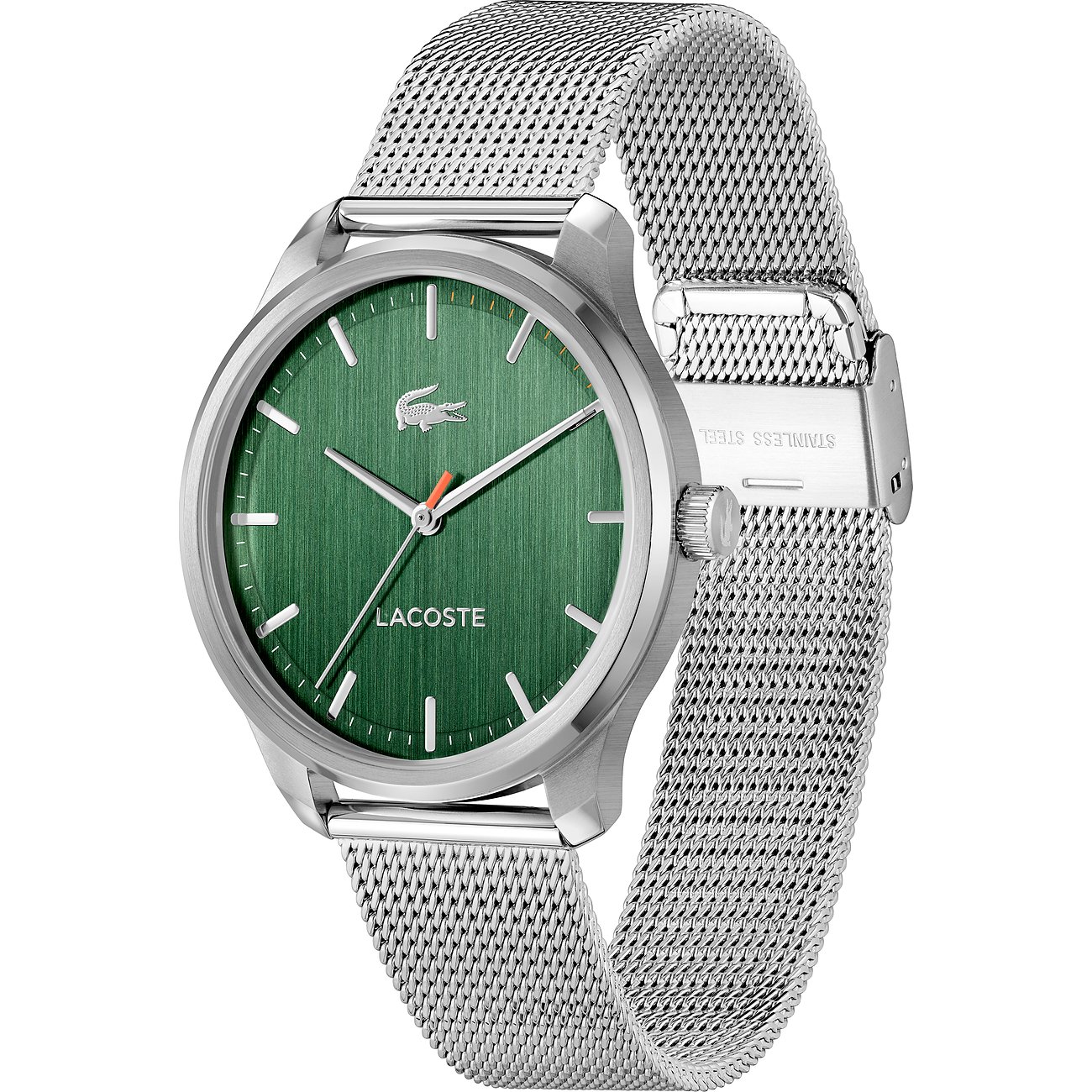 Lacoste Herenhorloge met roestvrijstalen kast en mesh band, groen wijzerplaat.