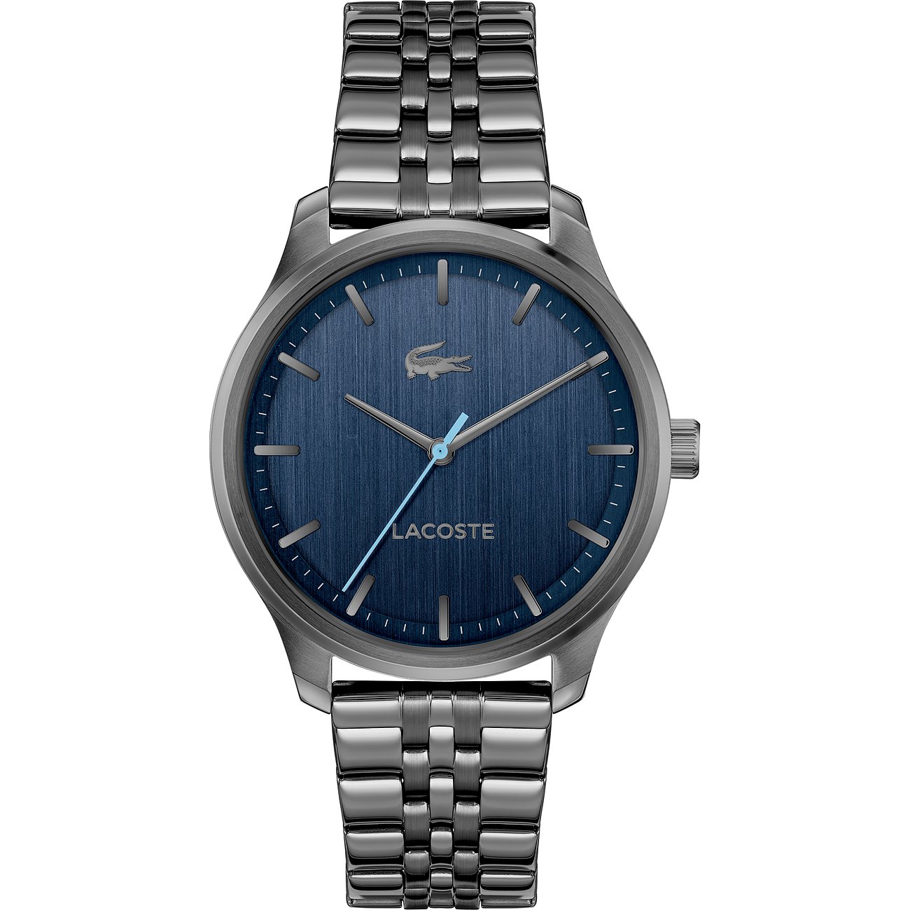 Lacoste herenhorloge met roestvrijstalen kast en blauwe wijzerplaat.