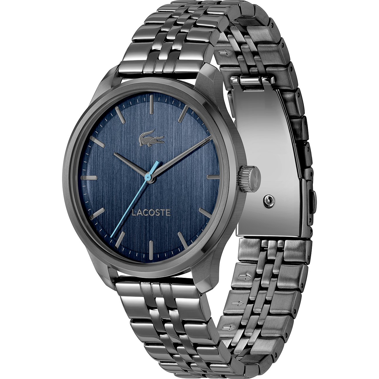 Lacoste herenhorloge met roestvrijstalen kast en blauwe wijzerplaat.