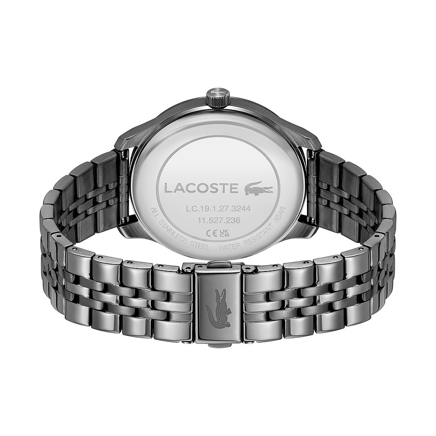 Lacoste herenhorloge van roestvrij staal met zilverkleurige kast en armband.