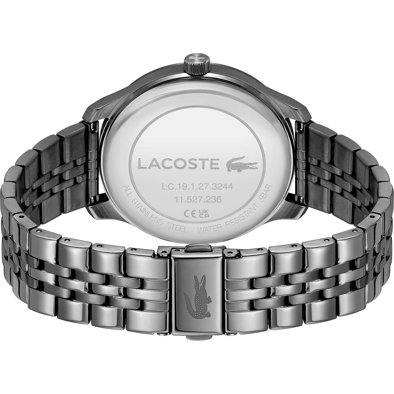 Lacoste herenhorloge van roestvrij staal met zilverkleurige kast en armband.
