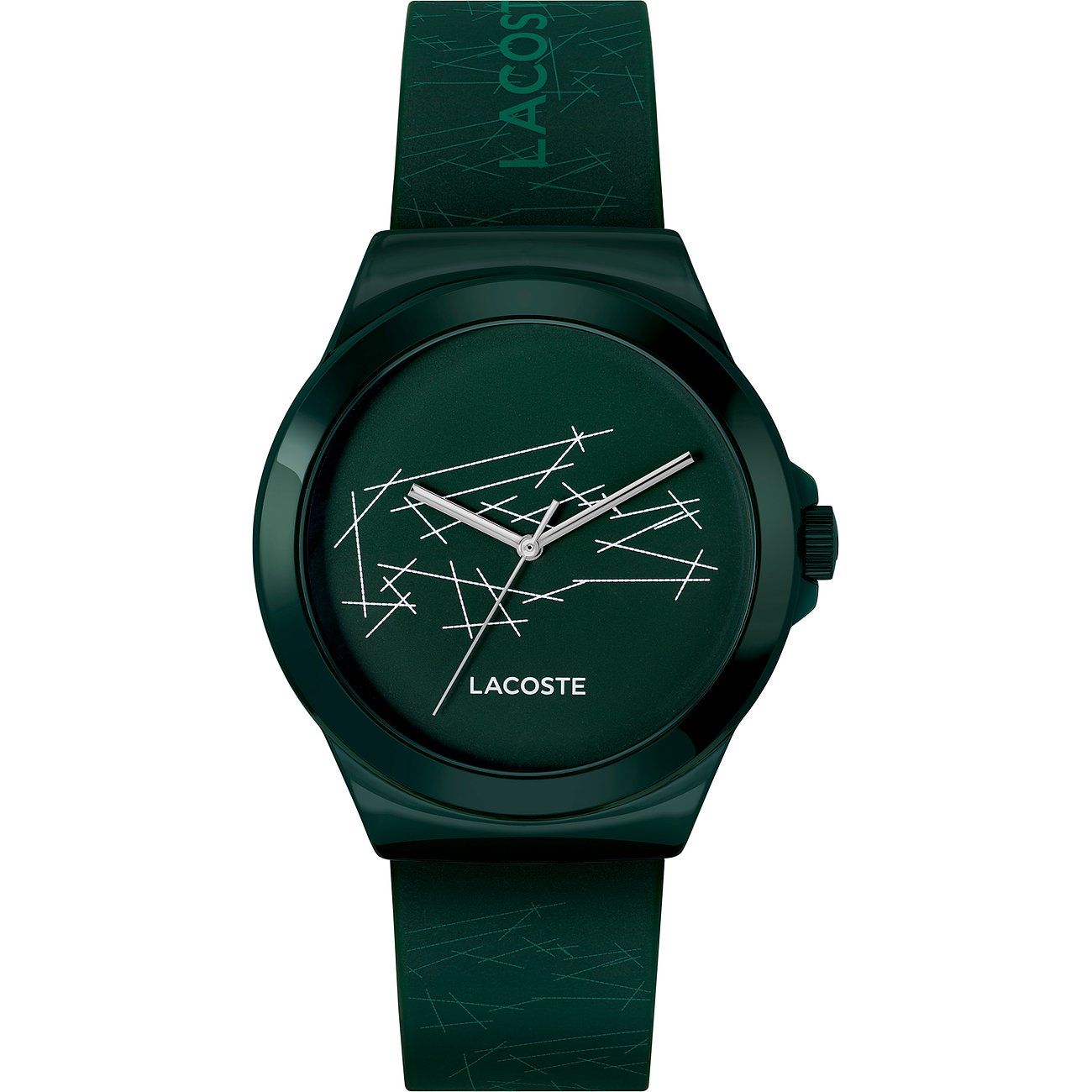 Lacoste Herrenuhr mit Kunststoffgehäuse, analog, mit weißem Muster.
