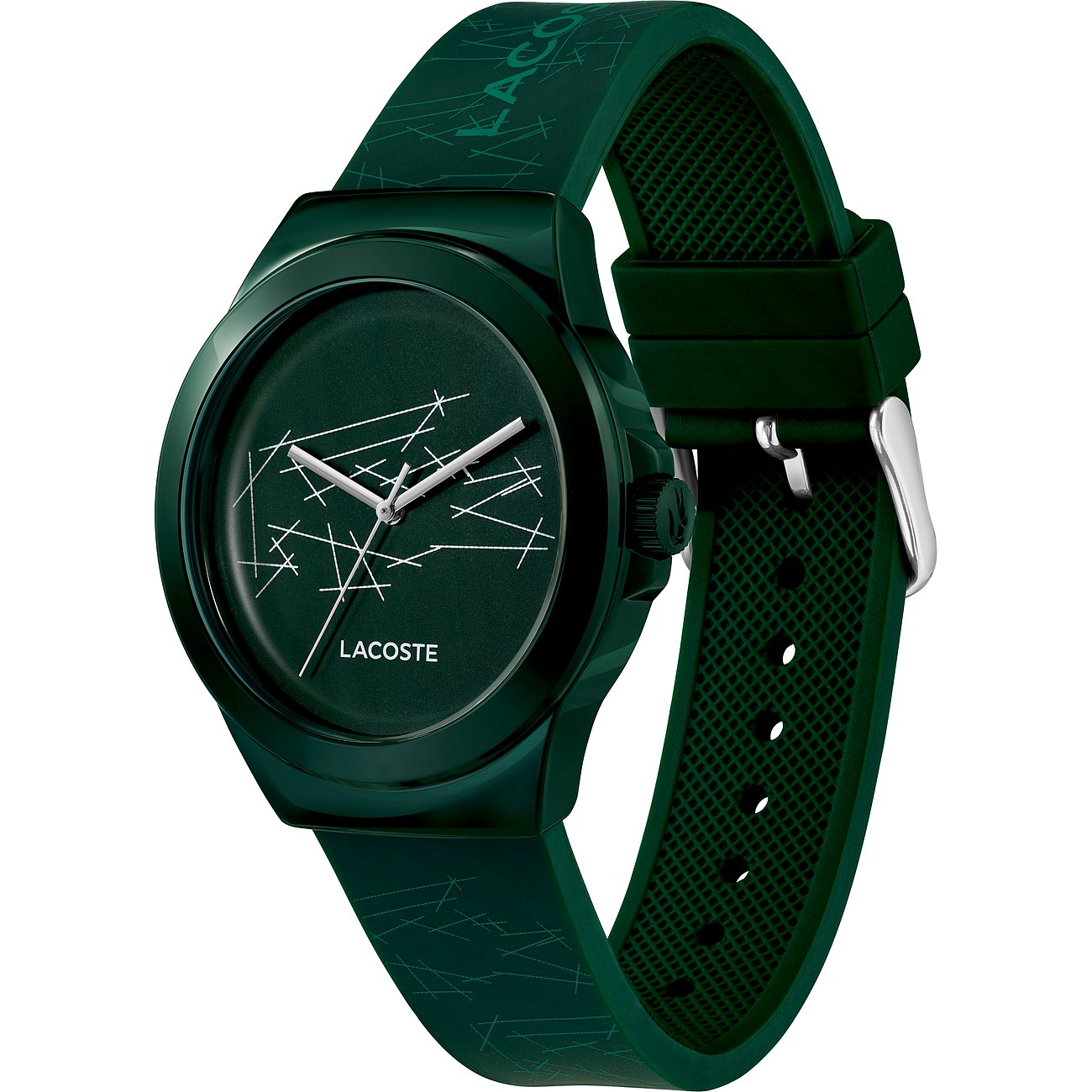 Lacoste Herrenuhr mit Kunststoffgehäuse, analog, mit silberfarbenen Zeigern.