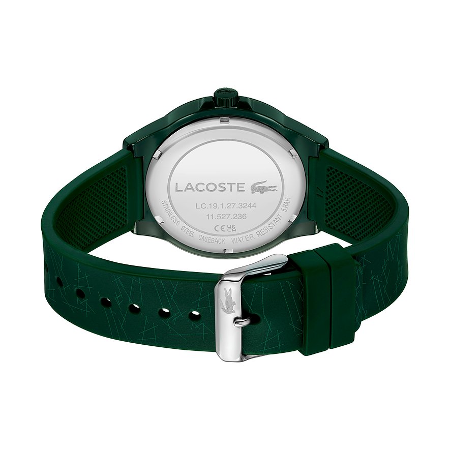 Lacoste Herrenuhr mit Kunststoffgehäuse, silberfarbenes Gehäuse und grünes Armband.