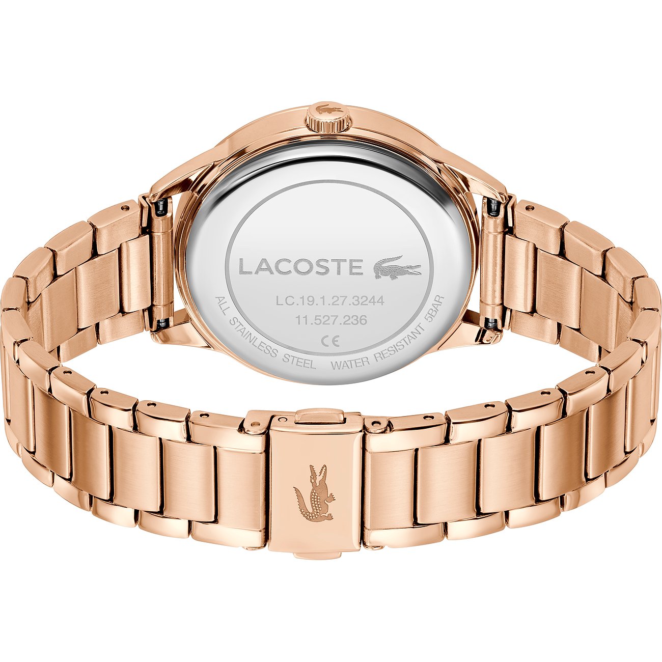 Rückseite einer Lacoste Damenuhr aus roségoldenem Edelstahl mit Krokodil-Prägung auf dem Verschluss.