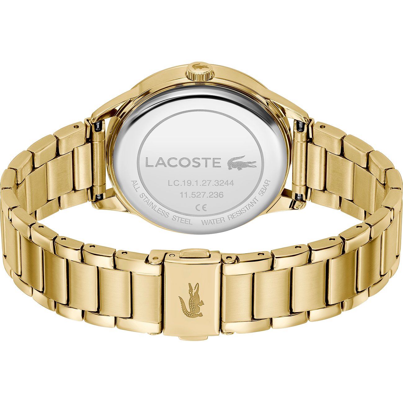 Rückansicht der Lacoste Damenuhr aus goldfarbenem Edelstahl mit eingraviertem Krokodil auf der Schließe.