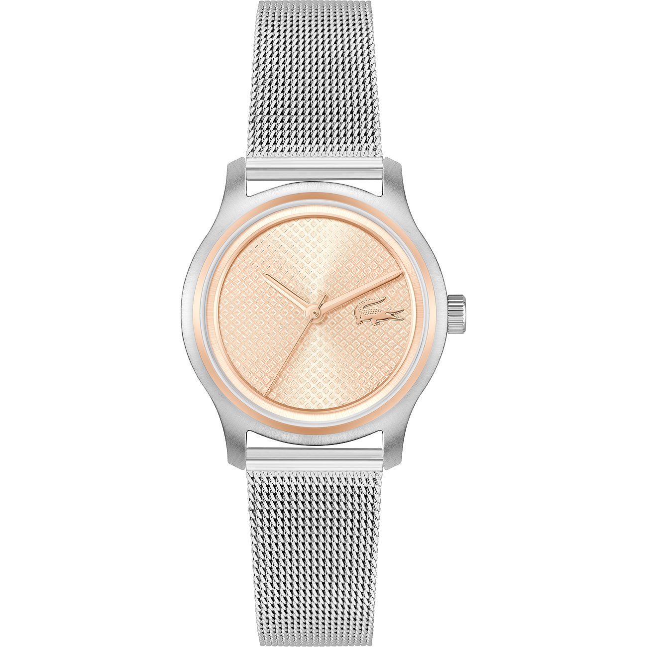 Lacoste Damenuhr aus Edelstahl mit silbernem Mesh-Armband und roségoldenem Zifferblatt mit Krokodil-Logo.