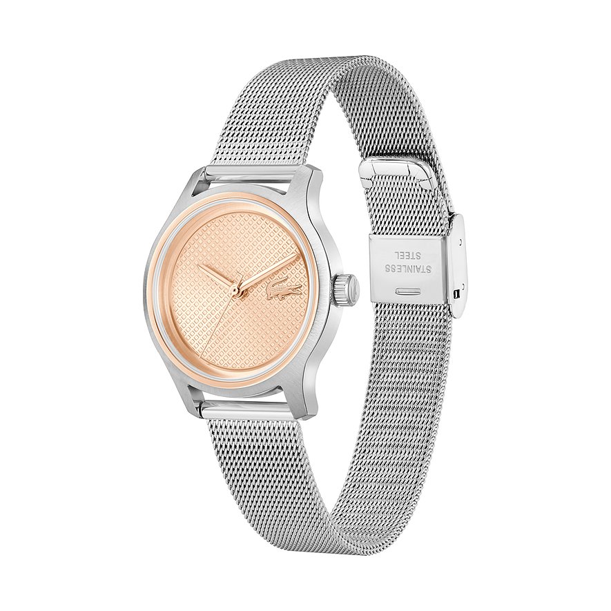 Lacoste Damenuhr aus Edelstahl mit roségoldenem Zifferblatt und silberfarbenem Milanaise-Armband.