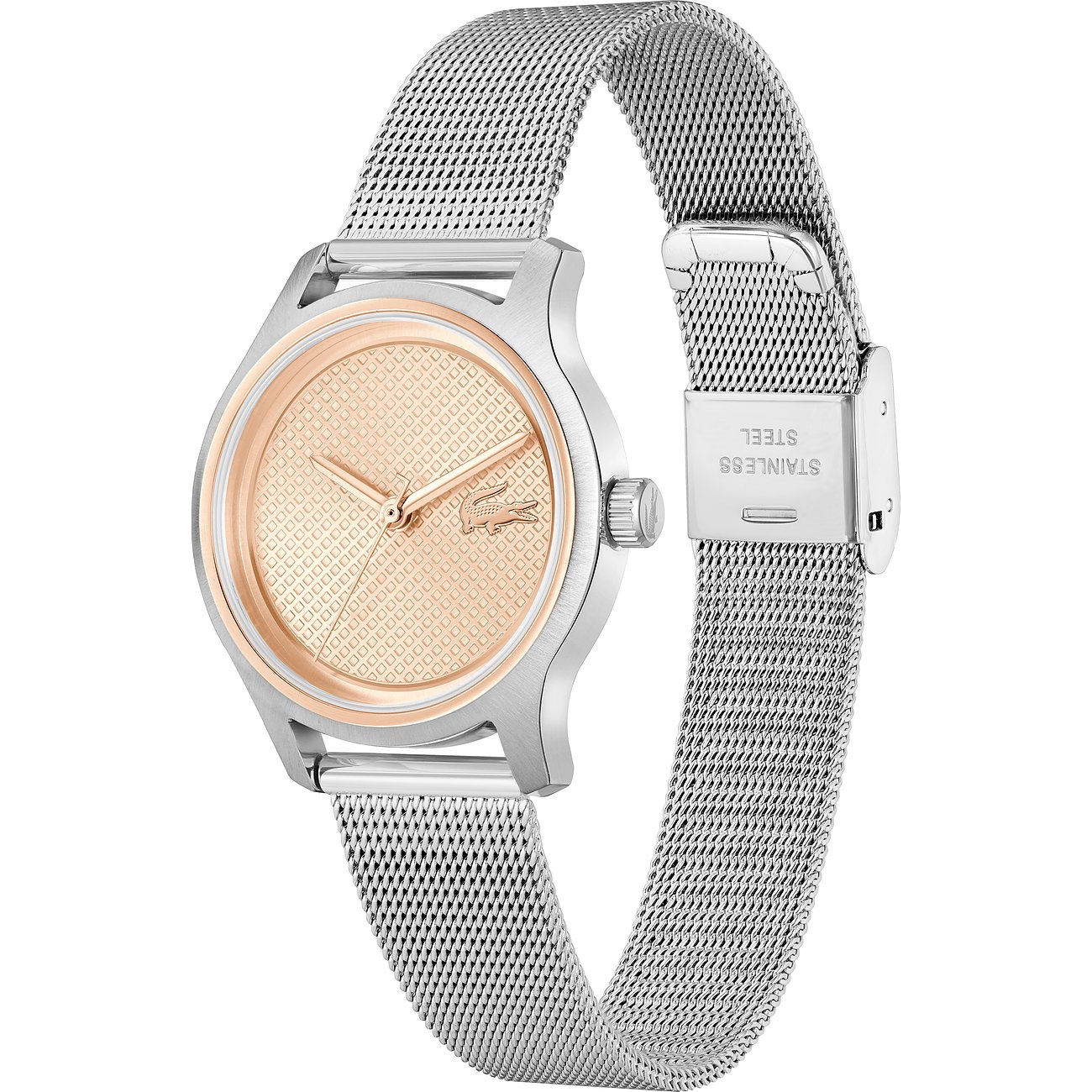 Lacoste Damenuhr aus Edelstahl mit roségoldenem Zifferblatt und silberfarbenem Milanaise-Armband.