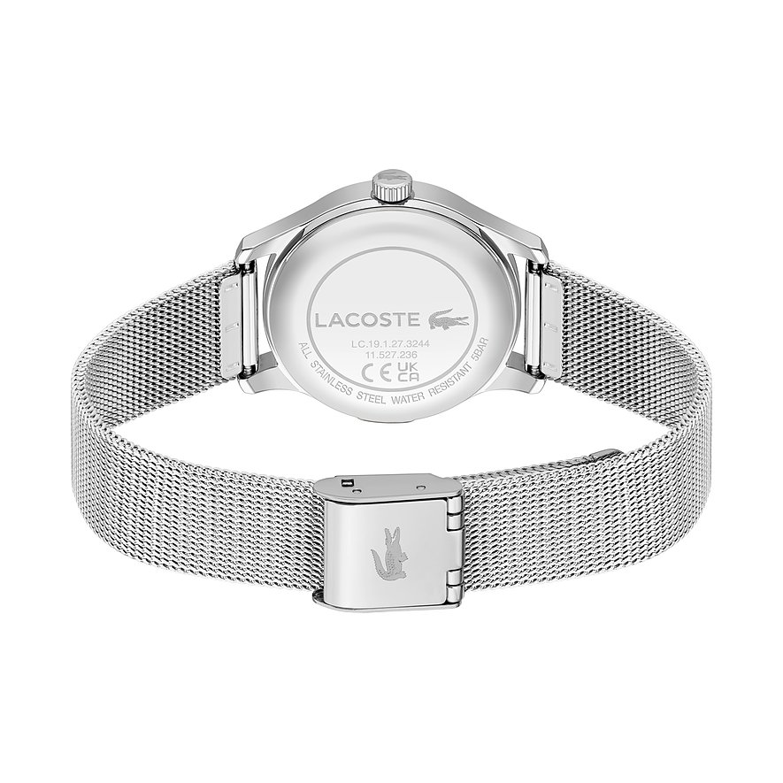 Rückansicht der Lacoste Damenuhr aus Edelstahl, mit einem Milanaise-Armband und gravierter Schließe.