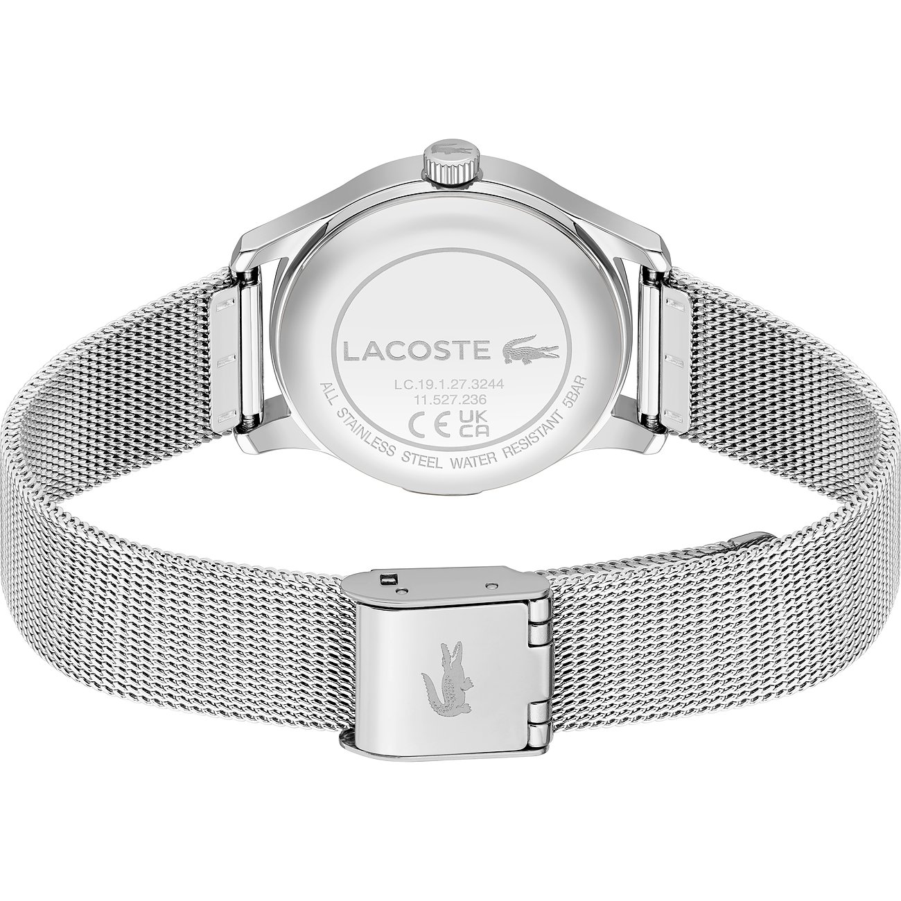 Rückansicht der Lacoste Damenuhr aus Edelstahl, mit einem Milanaise-Armband und gravierter Schließe.