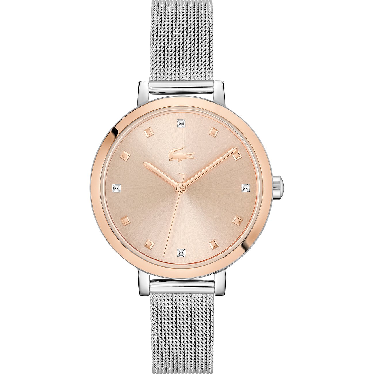 Lacoste Damenuhr aus Edelstahl mit roségoldenem Zifferblatt, quadratischen Indizes und Milanaise-Armband.