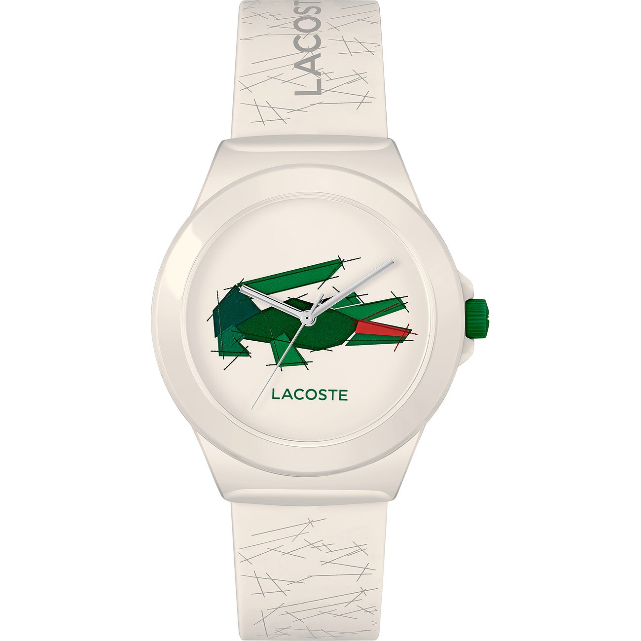 Weiße Lacoste Damenuhr aus Kunststoff und Edelstahl mit einem grünen Krokodil-Logo auf dem Zifferblatt.