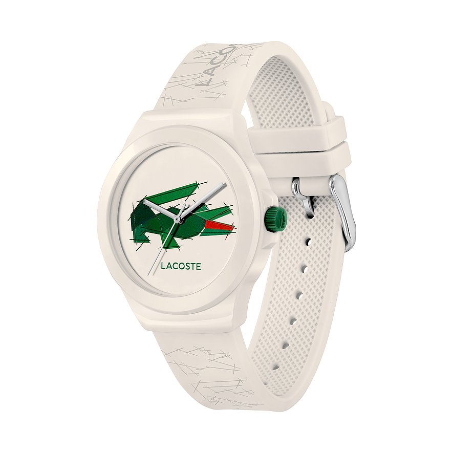 Lacoste Damenuhr aus Kunststoff und Edelstahl in Weiß. Das Zifferblatt zeigt ein stilisiertes Krokodil-Logo in Grün.