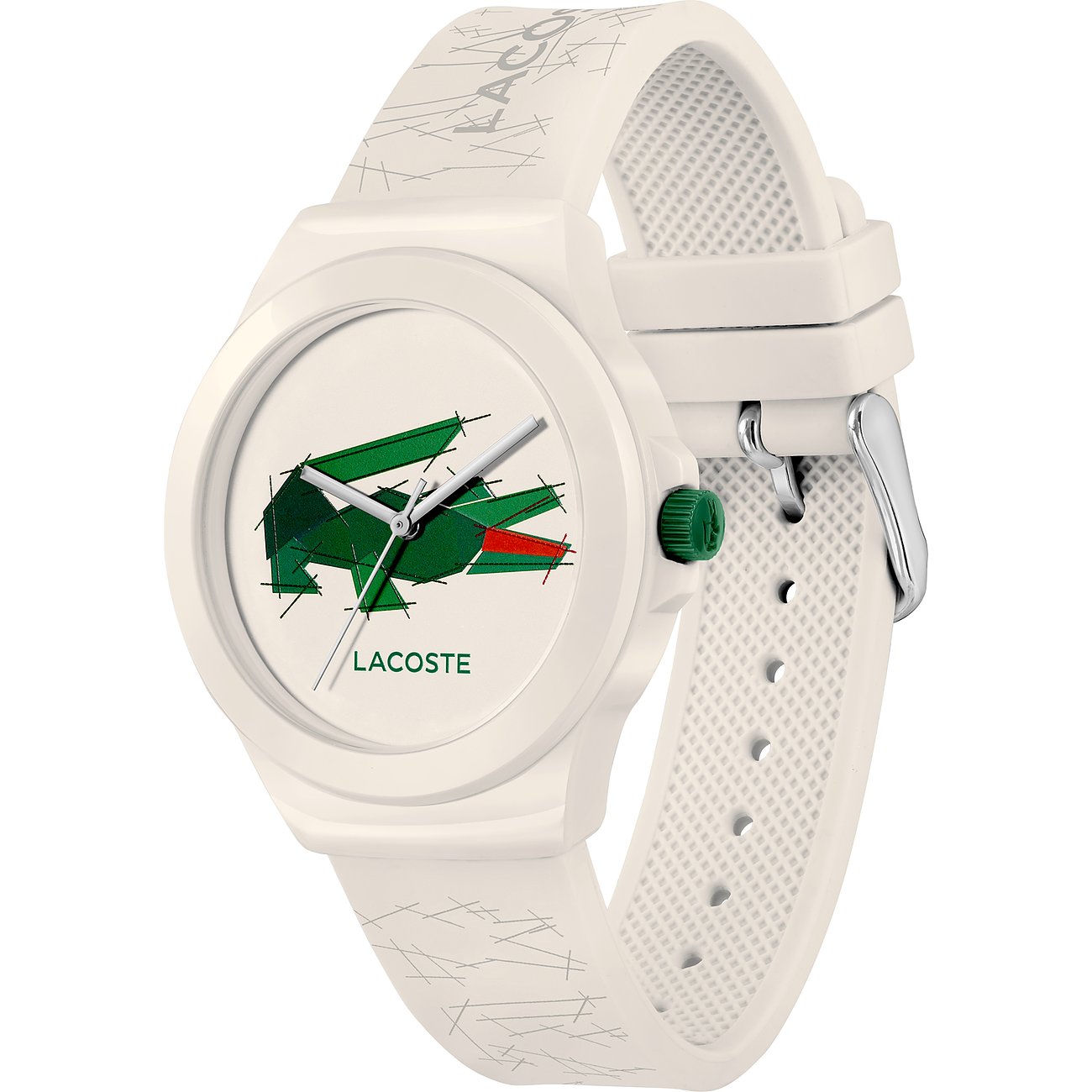 Lacoste Damenuhr aus Kunststoff und Edelstahl in Weiß. Das Zifferblatt zeigt ein stilisiertes Krokodil-Logo in Grün.