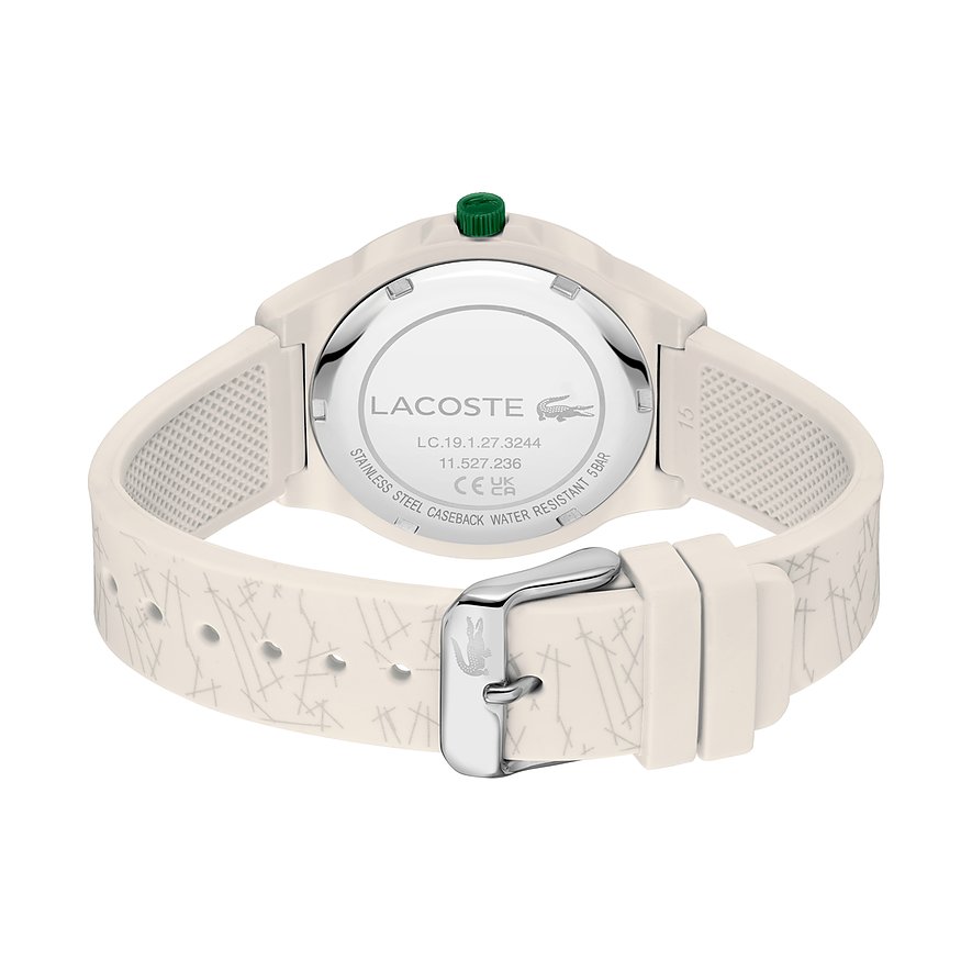 Rückansicht der Lacoste Damenuhr mit elfenbeinweisem Kunststoffarmband und Edelstahlboden, der das Lacoste-Logo zeigt.