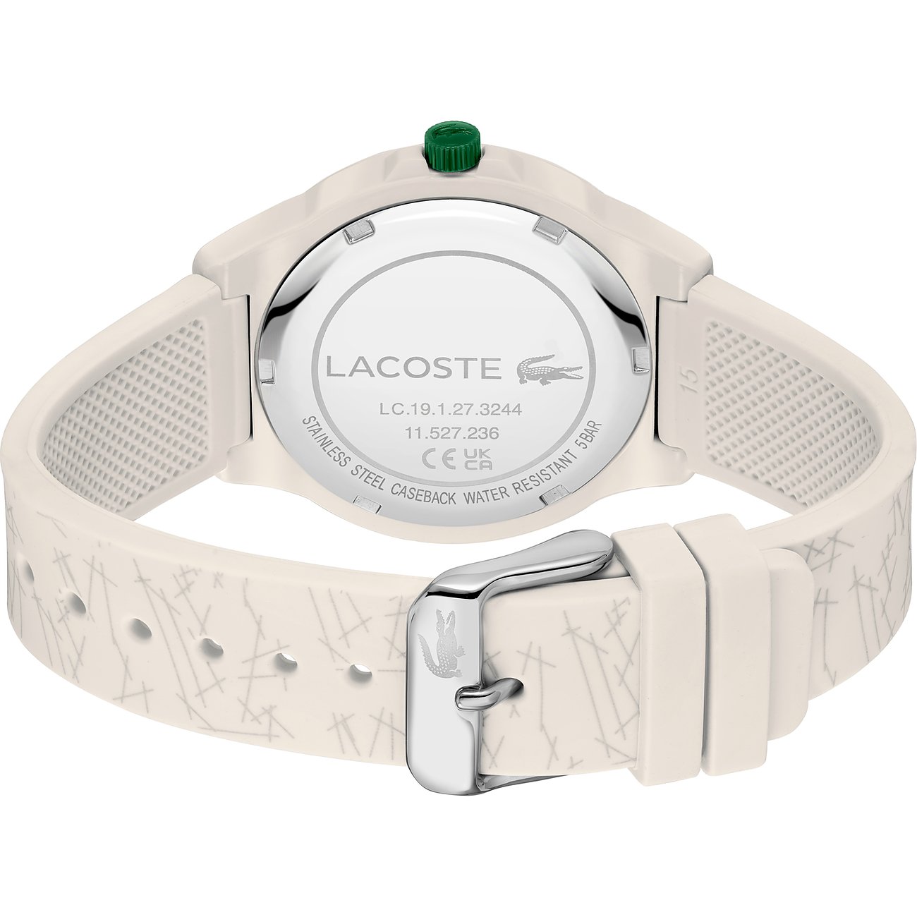 Rückansicht der Lacoste Damenuhr mit elfenbeinweisem Kunststoffarmband und Edelstahlboden, der das Lacoste-Logo zeigt.