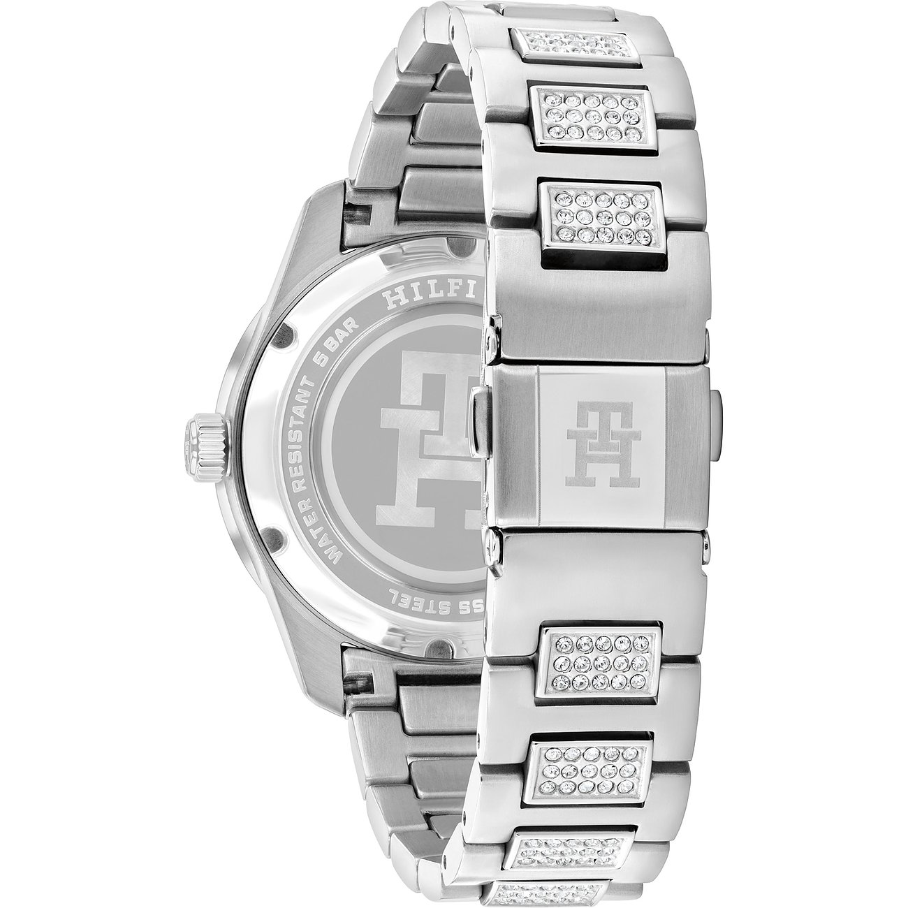 Rückseite einer Tommy Hilfiger Damenuhr aus poliertem Edelstahl mit Kristallen, silberfarbenes Armband mit Markenemblem.