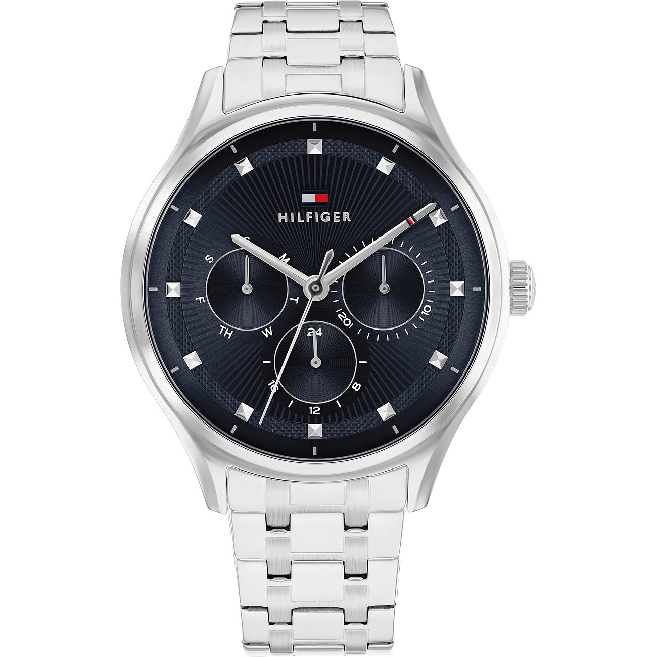 Eine Tommy Hilfiger Damenuhr aus Edelstahl mit silbernem Armband und dunkelblauem Zifferblatt