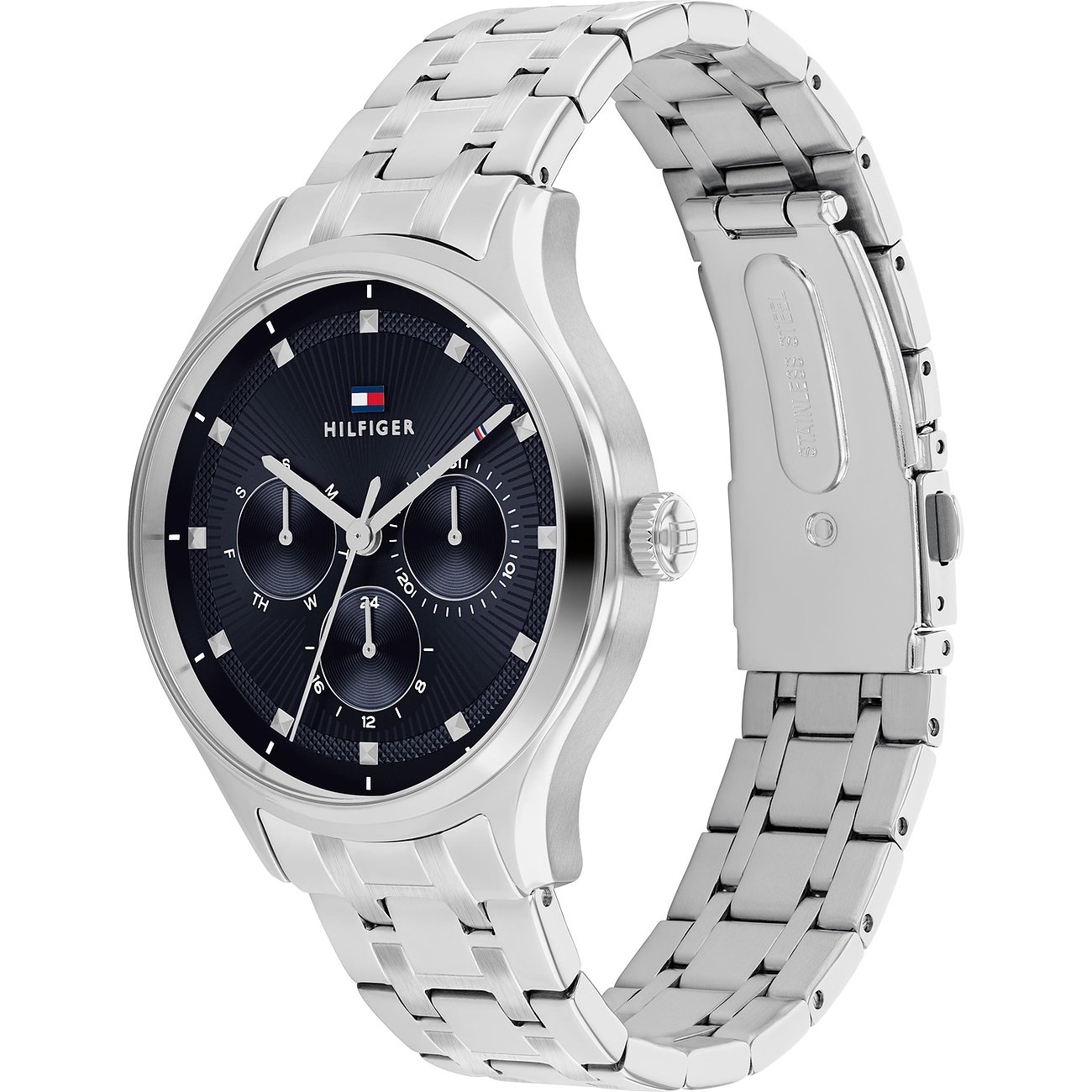 Tommy Hilfiger Damenuhr aus Edelstahl mit dunklem Zifferblatt, drei Hilfszifferblättern und Gliederarmband.