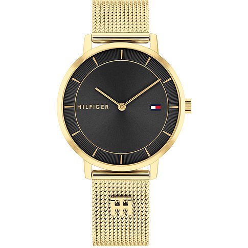 Tommy Hilfiger Damenuhr mit goldfarbenem Edelstahlgehäuse, schwarzem Zifferblatt und Mesh-Armband.