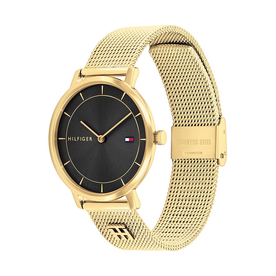Tommy Hilfiger Damenuhr aus Edelstahl, goldfarben, mit schwarzem Zifferblatt und Mesh-Armband.