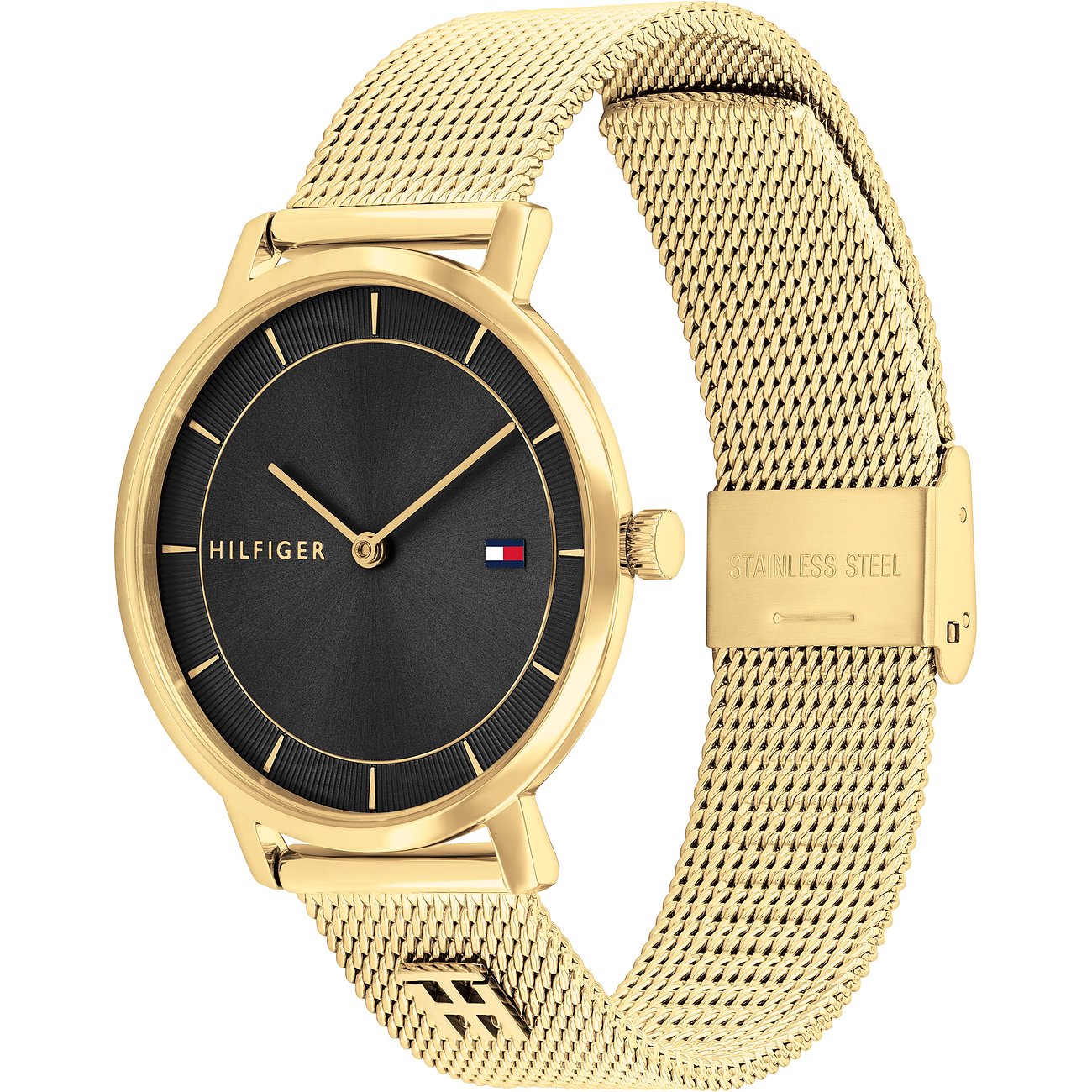Tommy Hilfiger Damenuhr aus Edelstahl, goldfarben, mit schwarzem Zifferblatt und Mesh-Armband.