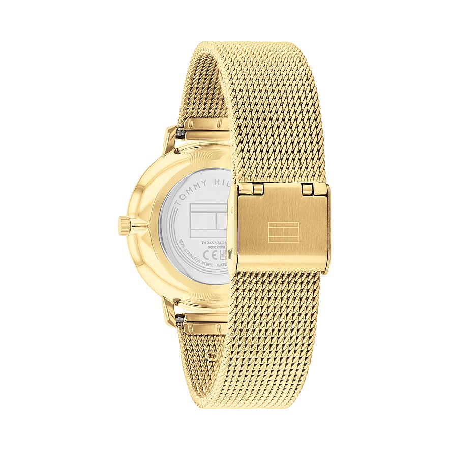 Tommy Hilfiger Damenuhr aus Edelstahl, goldfarben, mit Mesh-Armband.