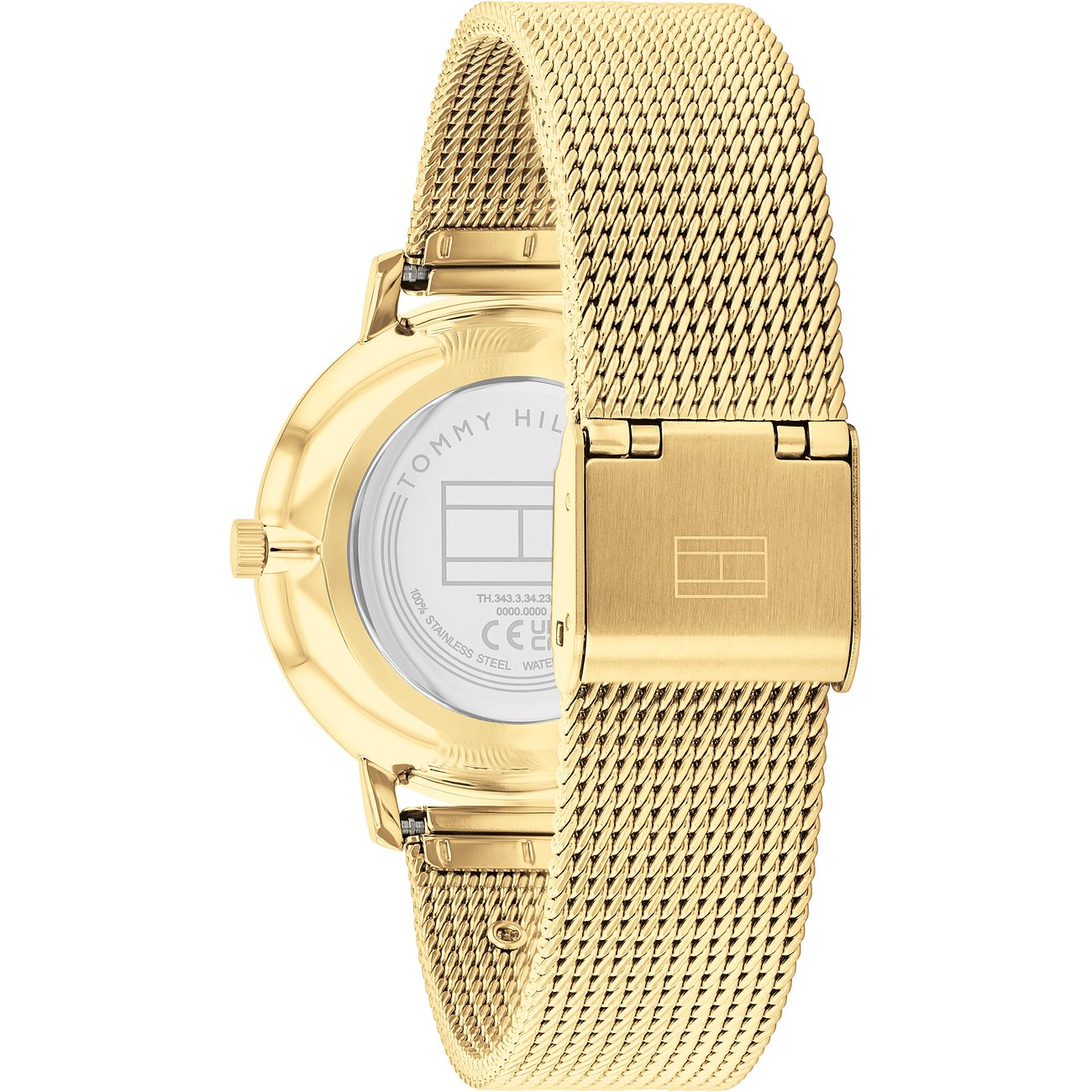 Tommy Hilfiger Damenuhr aus Edelstahl, goldfarben, mit Mesh-Armband.