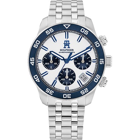 Tommy Hilfiger Herrenuhr mit Edelstahlgehäuse, weißem Zifferblatt und blauer Lünette.