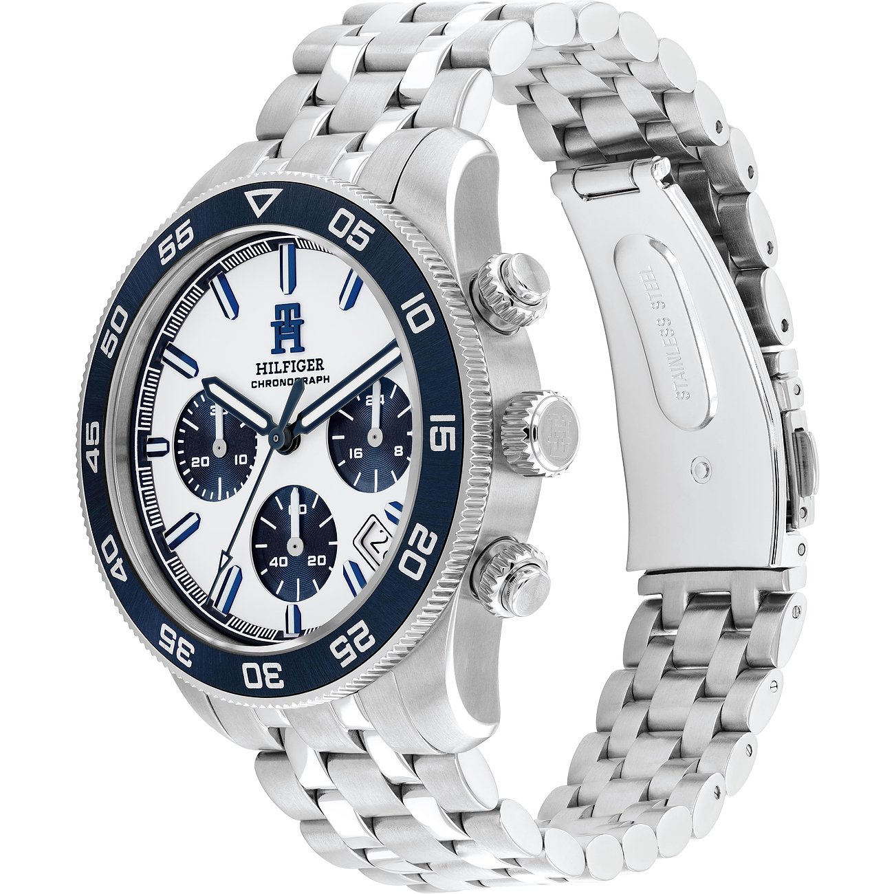 Tommy Hilfiger Herrenuhr mit Edelstahlgehäuse, weißem Zifferblatt und blauer Lünette.