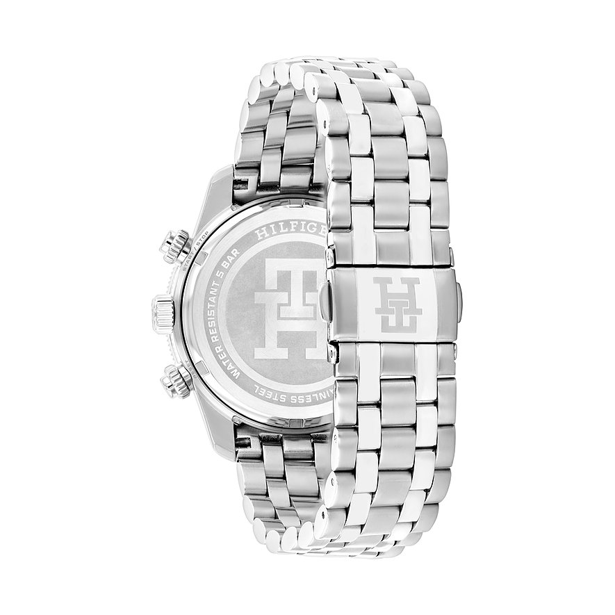 Tommy Hilfiger Herrenuhr mit Edelstahlgehäuse und silberfarbenem Armband.
