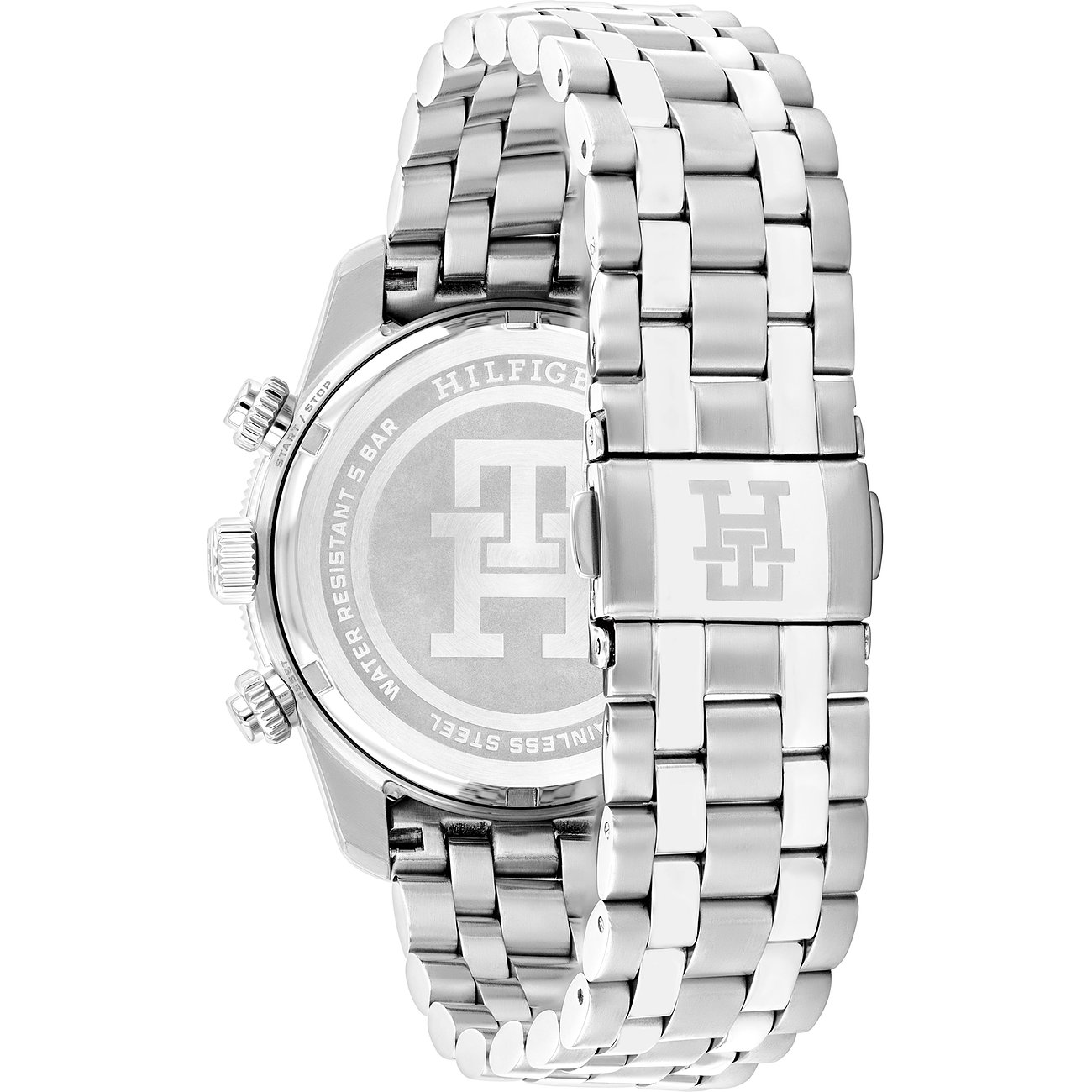 Tommy Hilfiger Herrenuhr mit Edelstahlgehäuse und silberfarbenem Armband.
