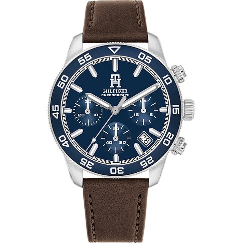 Tommy Hilfiger Herrenuhr: blaues Zifferblatt, Chronograph, Edelstahl/Aluminium-Gehäuse, braunes Lederarmband.