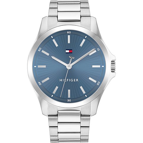 Tommy Hilfiger Herrenuhr mit Edelstahlgehäuse und blauem Zifferblatt.