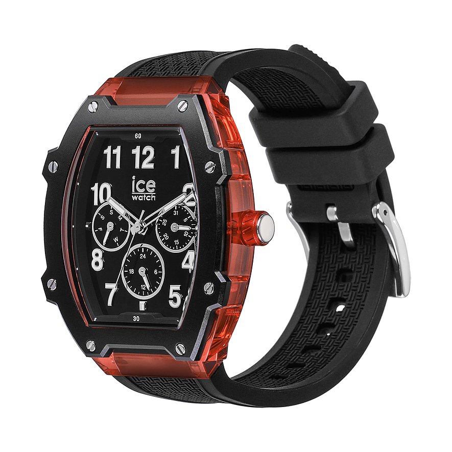 ICE Watch herenhorloge met aluminium kast, zwart wijzerplaat en rode accenten.