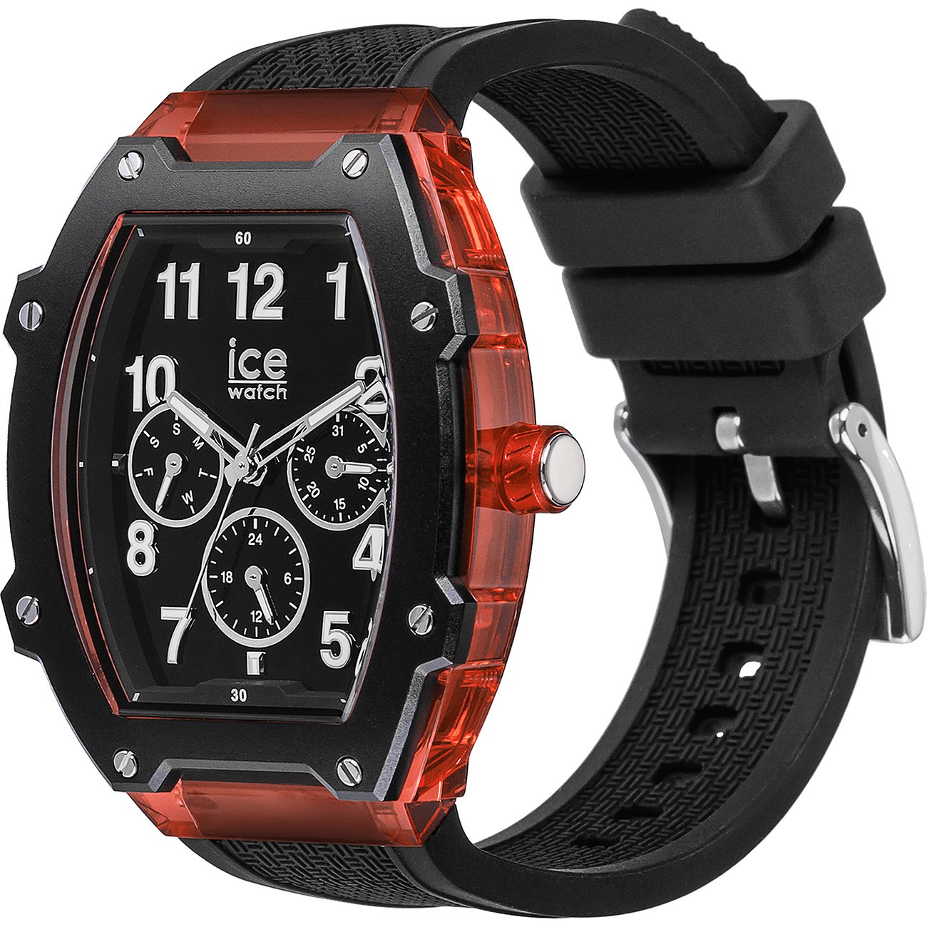 ICE Watch herenhorloge met aluminium kast, zwart wijzerplaat en rode accenten.