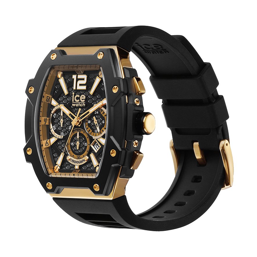 ICE Watch Herrenuhr mit Edelstahlgehäuse, schwarz mit goldenen Akzenten, analog.