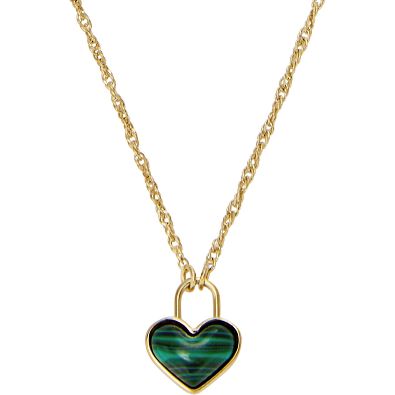 Fossil Halskette aus Edelstahl mit Malachit im Herzanhänger.